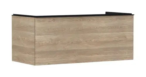 Waschtischunterschrank in Holzoptik, mit durchgehender Oberfläche und einem Schubkasten. Von der Marke Hansgrohe, geeignet für Montage mit Aufsatzwaschtisch.